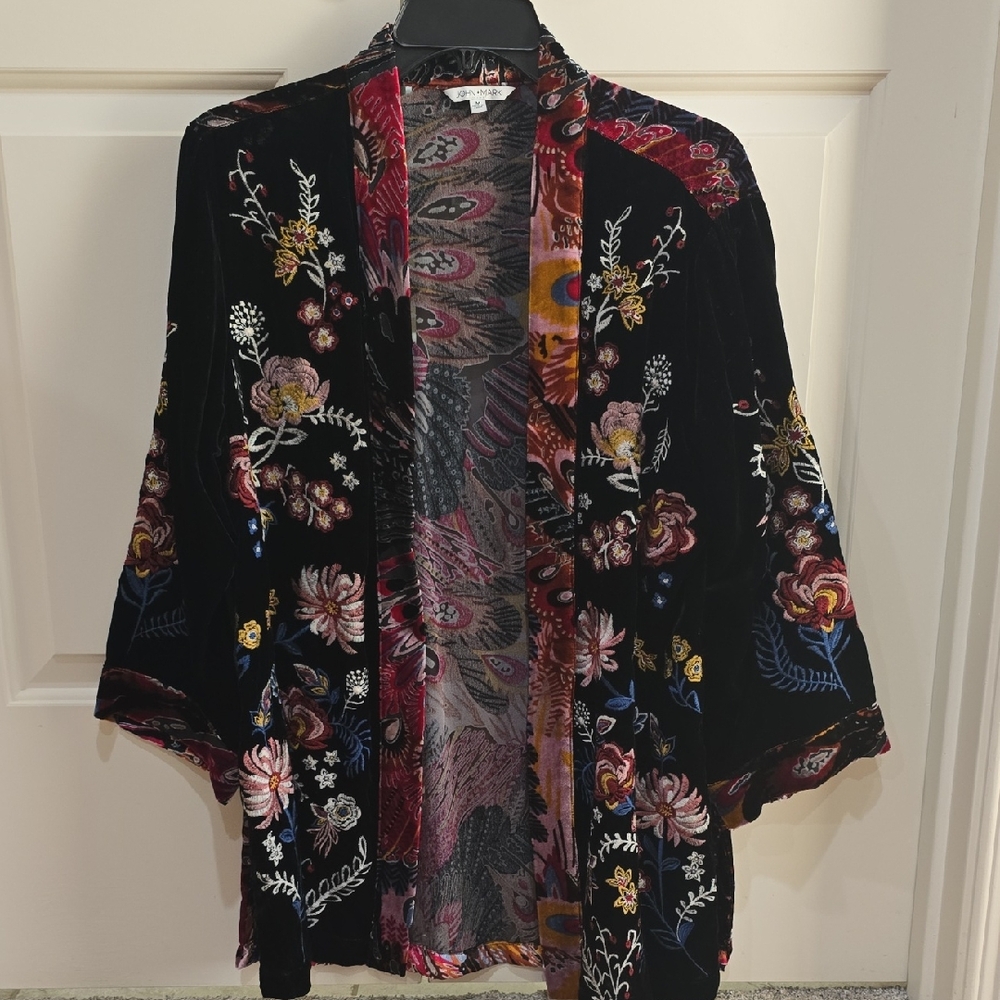 John Mark Floral Embroidered Velvet Kimono